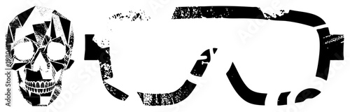Stylized skull with angular facets paired with rugged safety goggles, both rendered in high contrast black and white with textured edges. Ideal for edgy design or industrial themes.