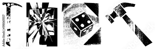 Vector halftone graphic set of tools and symbols ice, wrapped gift, die, hammer rendered in gritty dot, isolated foreground elements.