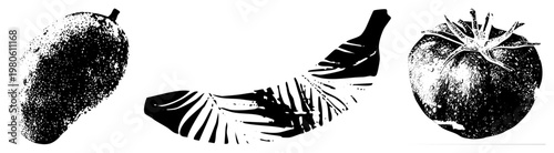 Vector illustration of mango, banana, and tomato in bold black shapes with halftone dot textures, isolated food, graphic design elements.