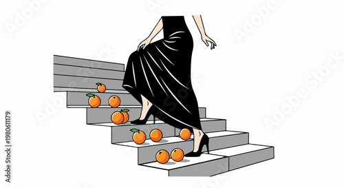 Elegant figure in black gown descends staircase scattered with ripe oranges