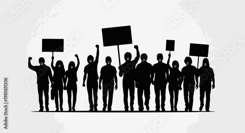 Silhouettes of a diverse crowd protesting with signs held high, their mouths obscured