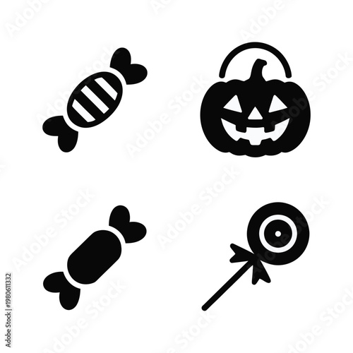Halloween candy silhouettes, wrapped sweet, lollipop stick, pumpkin bucket icon, autumn festival, kids night, party decoration, spooky vector pack