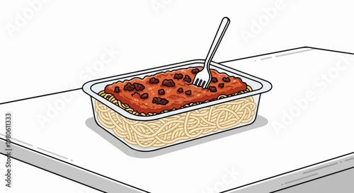A fork pierces a rectangular dish filled with spaghetti and meat sauce, ready to eat