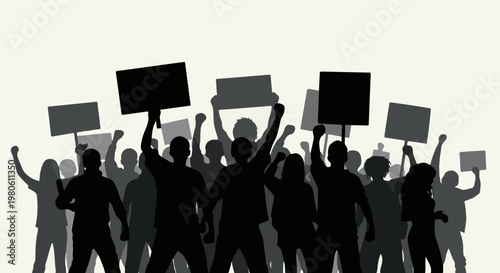 Silhouetted crowd holding protest signs and raising fists in a demonstration