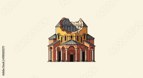 An illustration of a damaged, dome-topped building with arches and columns