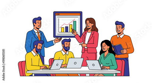 Diverse team collaborates around a table, analyzing growth charts displayed on a monitor, with individuals using laptops, showcasing productive workplace synergy and professional