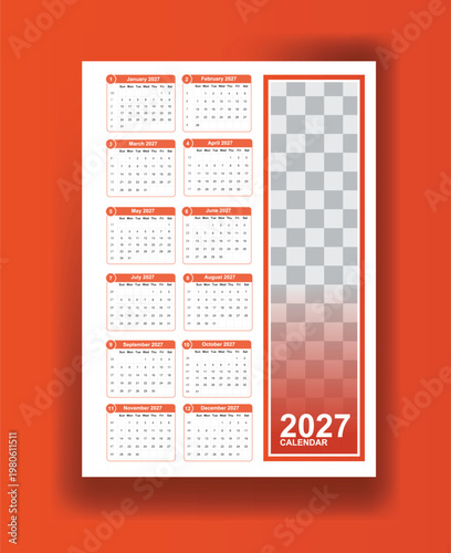 2027 calendar layout with monthly grids and placeholder area year