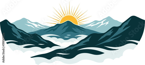 Majestic mountains bathed in the warm glow of a radiant sun above soft, rolling clouds