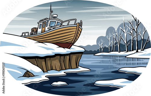 A small boat rests on a snow-covered bank beside a partly frozen body of water and barren trees