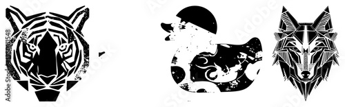 Vector animal silhouettes with abstract, tiger face, duck cutout, wolf head, black and white graphic art, tribal style illustrations.