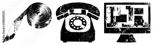 Classic rotary phone, filmstrip roll, pixelated monitor retro tech, analog, digital transition symbols, black and white graphic design.