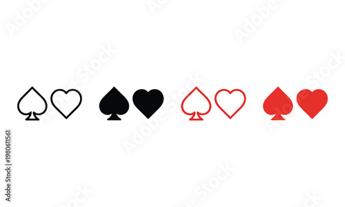 Playing Card Suits Spades and Hearts Outline and Solid Icon Set