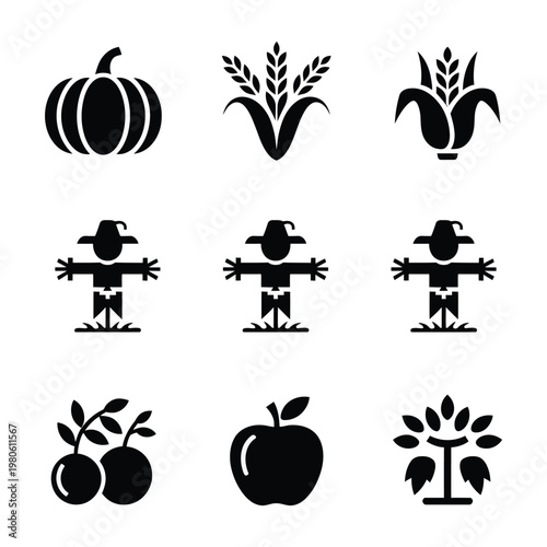 Harvest festival silhouettes set, pumpkins wheat sheaf scarecrow apple basket, farm market poster, thanksgiving banner, fall celebration graphic vector