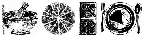 Mortar and pestle, sliced citrus, muffin tin, plated dessert, vintage dining set, kitchen tools, textured food illustration.