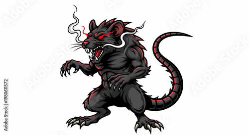 Fierce muscular rat creature with glowing red eyes and smoke from nostrils, aggressive stance