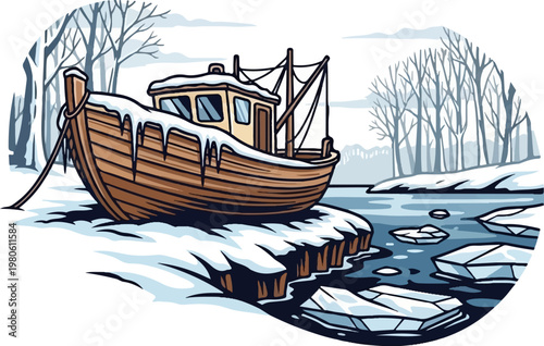 Wooden boat covered in snow, docked in icy water beside bare winter trees