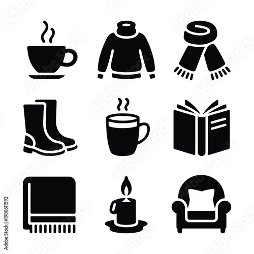 Cozy winter silhouette icons set, sweater scarf boots mug book blanket armchair, hygge season decor, holiday gift shop design, vector