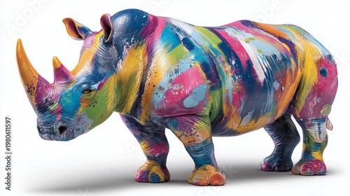 vibrant rhinoceros statue with bold abstract paint strokes and realistic skin fold detailing, isolated on white background with strong contrast lighting.