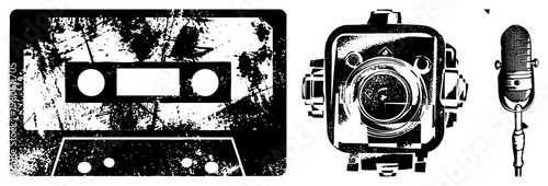 Retro cassette tape, classic film camera, studio microphone analog gear, nostalgic tools, black and white vector silhouettes.