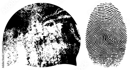 Black and white halftone portrait of a man’s face with grainy texture, paired with detailed fingerprint, isolated vector art, forensic or identity theme.