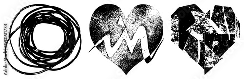 Graphic symbolizing emotion, heartbeat, and brokenness, rendered in halftone and scribble styles, vector art for emotional design.