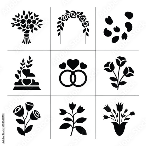 Wedding floral silhouette grid, bouquet icons, rings symbol, cake decoration, elegant blossoms, invitation design assets, anniversary celebration graphics vector set