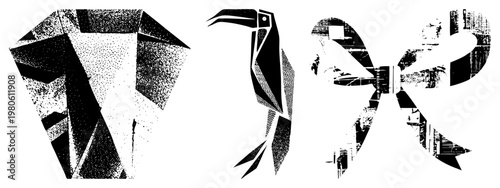 Three stylized forms rendered in black and white with halftone dot textures, angular geometry, graphic design elements, vector art composition, modern minimalist aesthetic.