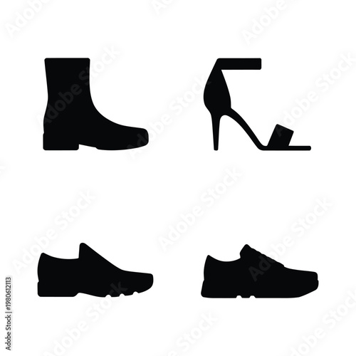 Footwear silhouette set, men shoes, ankle boot, stiletto heel, casual loafer, fashion sale flyer, boutique poster graphic, clothing design vector