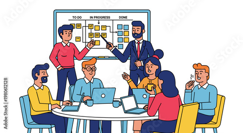 Diverse team collaborates around table, reviewing project progress on whiteboard with sticky notes, featuring laptops, coffee cups, and lively discussion, conveying teamwork and