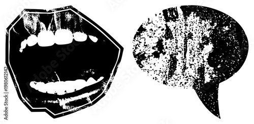 Vector illustration of shouting mouth and dialogue bubble, gritty halftone style, comic book symbols, communication graphic, expressive typography, distressed design.