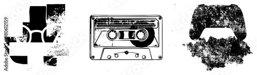 Vintage cassette tape, gaming controller, and headphones rendered in distressed black and white vector art. Nostalgic tech symbols with grunge texture, isolated for digital use.