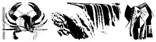 Stylized crab with textured claws, cascading waterfall with splashing water, abstract elephant with geometric all in vector art, isolated cutout, halftone texture, flat design.