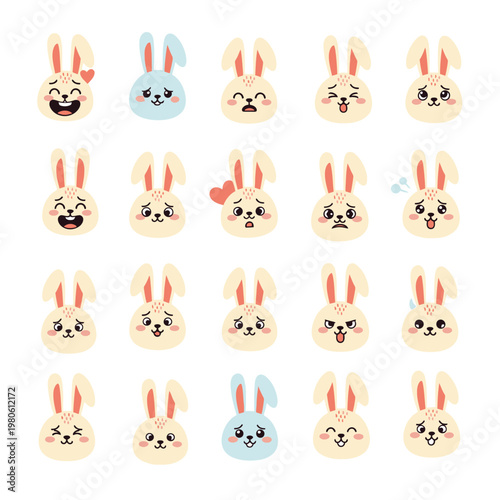 Cute Bunny Faces Set with Various Expressions and Emotions