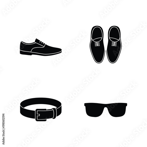 Mens accessories silhouettes, dress shoes pair, leather belt, sunglasses, classic style elements, fashion sale poster, wardrobe essentials vector, boutique design