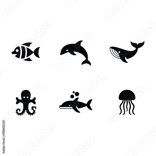 Sea animals silhouettes, dolphin jump, octopus, jellyfish, small fish, ocean life icons, aquarium show poster, summer vacation, marine education vector