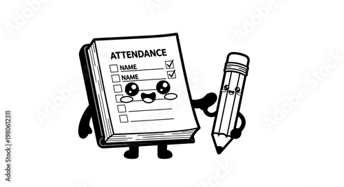 Cute Cartoon Attendance List and Pencil Character Illustration