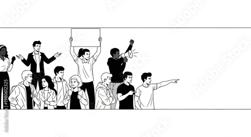 Diverse group of young people standing together in a line illustration.