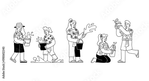 Joyful people celebrating songkran festival, splashing water with buckets and cups, wearing floral shirts, enjoying outdoor summer holiday fun, clean line art vector graphic.