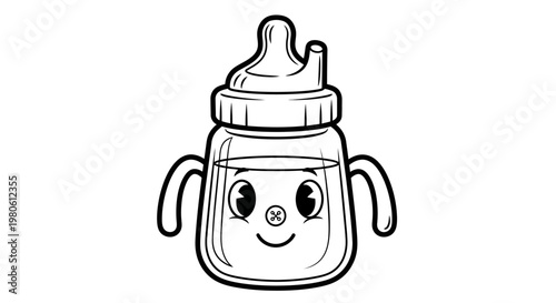 Cute Cartoon Baby Sippy Cup Coloring Page Line Art