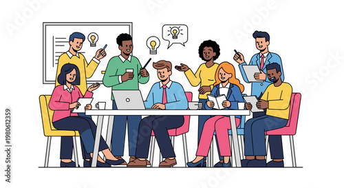 Diverse team members collaborate around a table, brainstorming ideas with lightbulbs appearing above their heads, signifying innovation and problem-solving in a modern office