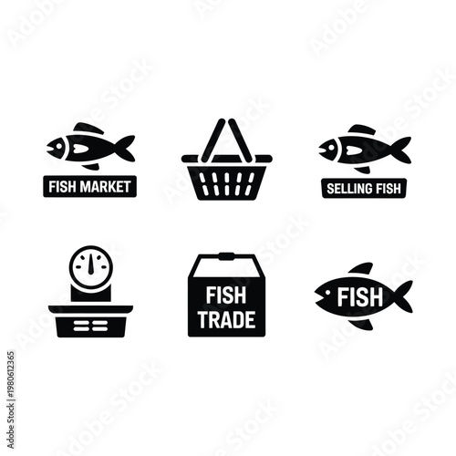 Seafood label icons, fish trade badge set, market stamp, price tag, scale symbol, fresh catch signage, retail packaging vector