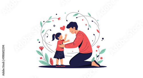 Loving father kneeling to hug his small daughter, surrounded by beautiful flowers and leaves, symbolizing strong family love and bond.