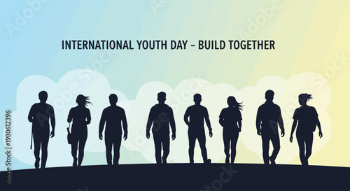 Silhouette of a diverse group of young people walking together.