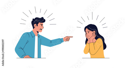 Angry man pointing accusingly at a distressed woman, symbolizing intense conflict, verbal abuse, and an unhealthy relationship.