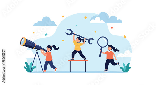Three energetic girls using a telescope, wrench, and magnifying glass, symbolizing exploration, problem-solving, science, and learning.