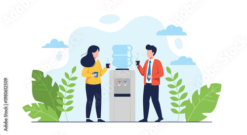 Man and woman talking at a water cooler, holding cups, surrounded by plants and clouds, symbolizing workplace communication and break.