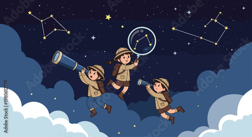 Three adventurous girls dressed as explorers flying among night clouds, observing constellations with a telescope and magnifying glass, symbolizing astronomy and imagination.