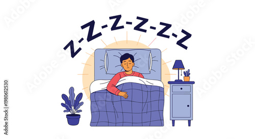 Man sleeping soundly and peacefully in bed with Z-Z-Z-Z-Z symbols, next to a nightstand and lamp, symbolizing rest and relaxation.