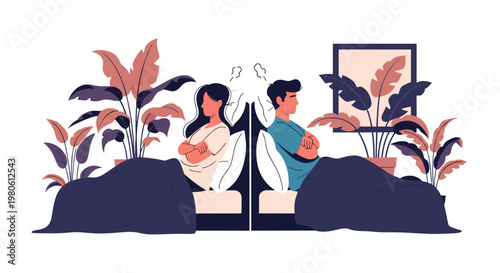 Man and woman in bed facing away from each other with crossed arms and angry steam, symbolizing marital conflict and relationship problems.
