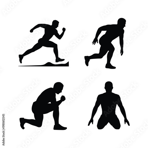 Running athlete silhouettes, sprint start to finish sequence, track meet poster, marathon training camp, performance clinic branding, movement vector illustration